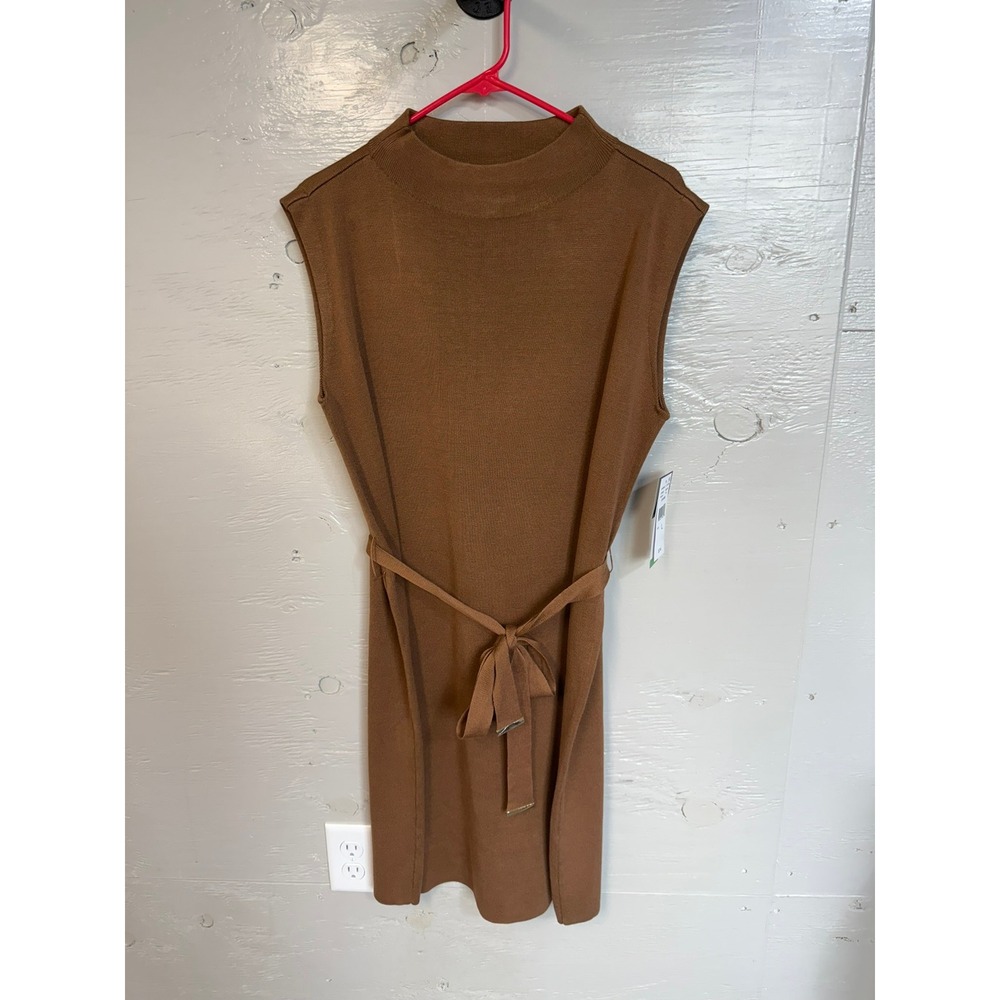 Isabel & Nina Women Tan Brown Knit Mock Neck Belted Sleeveless Dress Large NWT